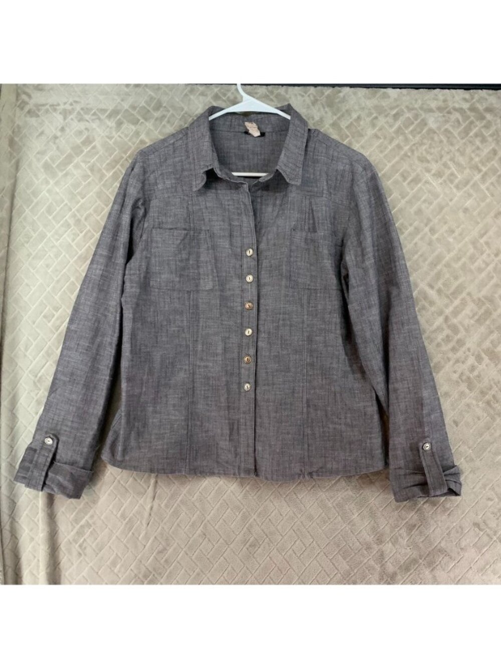 Zona Rosa Dress Shirt Womens Large Gray Button Up Long Sleeve Boxy Fit